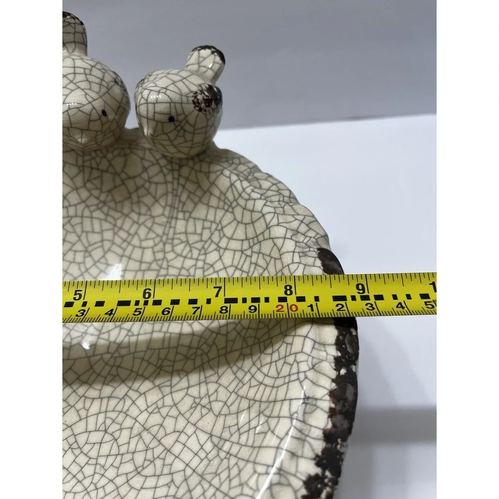 Glazed Ceramic 2 Bird Bowl Ivory Crackle Finish Table Top Bird Bath Rustic 9